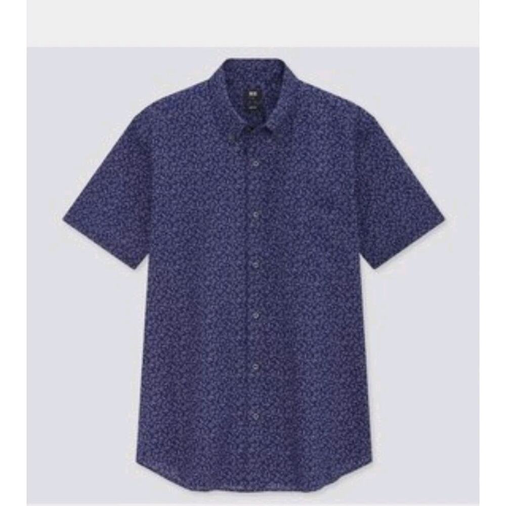 Uniqlo Large L Men's Navy Shades Pattern Slim Fit Short Sleeve Cotton Shirt